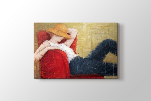Woman Laying On Red Chair görseli.