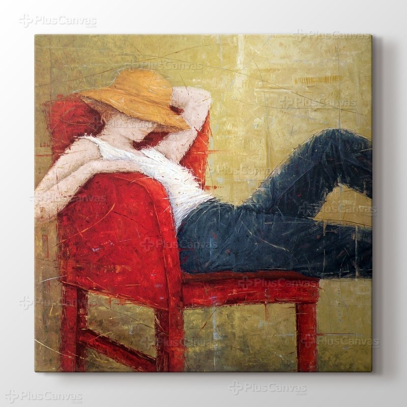 Woman Laying On Red Chair görseli.