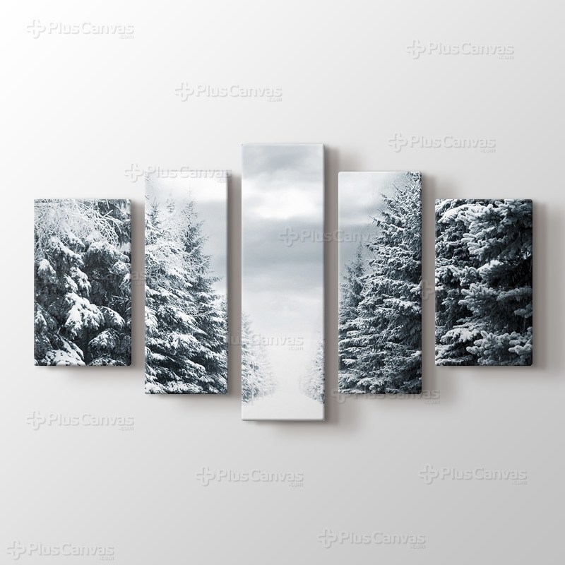 Snowy Road Between Trees görseli.